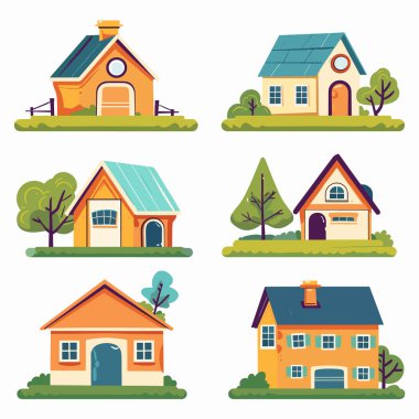 Koleksiyon renkli karikatür evleri, ağaçlar, çalılar, konut binaları, çeşitli mimari tarzlar. Banliyö evleri, çatı, pencereler, kapılar, rahat komşuluk yeşilliği ideal şehir manzarası