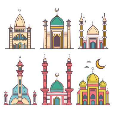 İslami mimarinin sergilendiği altı renkli cami illüstrasyonları, çeşitli kubbeler, hilal aksanları ayarlayın. Canlı camiler, dini binalar, sıra, doğrusal sanat tarzı, pastel