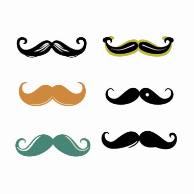 Altı farklı bıyık stili vektör çizimi izole edilmiş beyaz arka plan. Farklı renklerde düz bıyıklar değişik karakterler topluyor. Modaya uygun yüz kılı tasviri, erkeksi