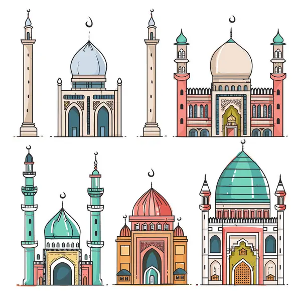 stock vector Six mosques illustrations, colorful Islamic architecture, domes minarets. Flat design religious Muslim temples, cultural landmarks, religion. Cartoony mosque buildings set, art, diverse mosque