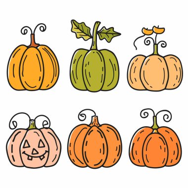 Altı tane renkli balkabağı renkli el çizimi resim izole edilmiş beyaz arka plan. Balkabağı tasarımları değişir, yapraklar filizlenir, cadılar bayramı jakuzisi gülen yüzü. Farklı şekillerde turuncu yeşil balkabakları