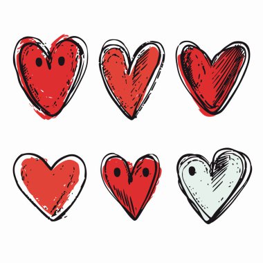 Six handdrawn hearts various styles expressions. Cartoon hearts feature sketch lines, red shades, two faces. Illustrations ideal valentine, love, emotions themes clipart