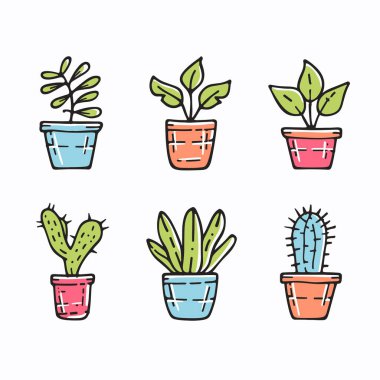 Altı farklı saksı bitkisi ev bitkisi koleksiyonu illüstrasyonunu temsil ediyor. İçinde çeşitli yeşil yapraklı kaktüslerin bulunduğu renkli kaplar. El çizimi biçimi saksıda sulu bitki örtüsü çizimi
