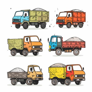 Six handdrawn dump trucks illustrated various colors loaded construction materials. Cartoony style dump trucks feature gravel sand loads building sites. Drawings depict diverse colors, wheel clipart