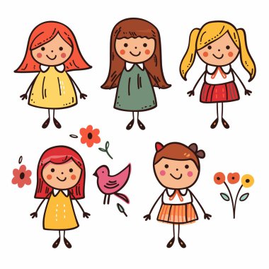 Altı çizgi film kızı gülümsüyor, farklı saç stilleri, renkli elbiseler. Çocukça çizimler, çiçekler, kuş, neşeli çocuk karakterler. Kızlar basit çizgiler, parlak renkler, mutlu ifadeler sergilediler.