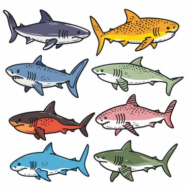 Collection colorful sharks, various species illustrations. Different shark types, marine life theme, handdrawn style, vibrant hues. Set sharks, cartoonlike drawings, isolated white background clipart