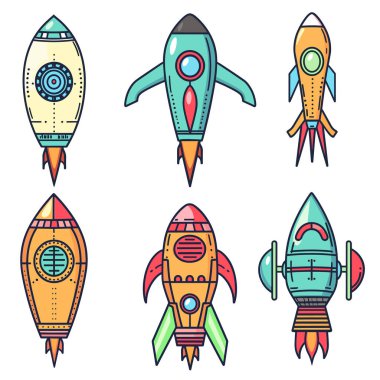 Altı renkli çizgi film roketi üçüncü sırada dizildi. İllüstrasyon çeşitli tasarımlar, parlak renkler, roket eşsiz dekoratif elementlere, yüzgeçlere, pencerelere, desenlere sahiptir