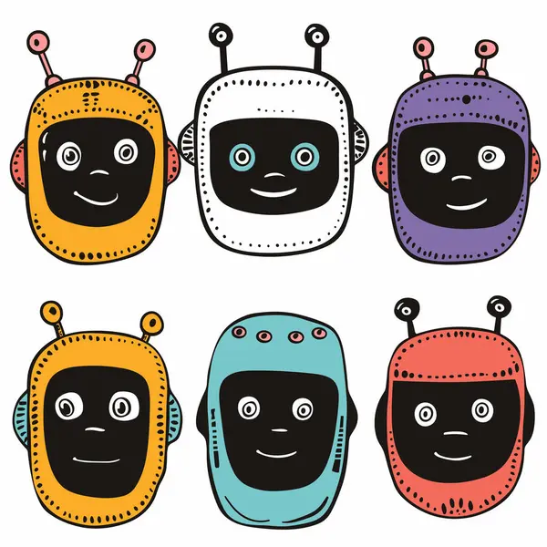 stock vector Six cute cartoon robots faces different expressions, colors, isolated white background. Childfriendly robot characters smiling, antenna, eyes, cheerful. Vector illustration playful artificial