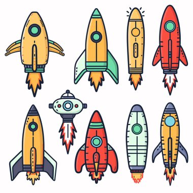 Koleksiyon renkli çizgi film roketleri fırlatma, uzay aracı, mekik çocukları, uzay keşfi teması. Retro görünümlü roketler çeşitli şekillerde tasarımlar, çizgi roman tarzı, izole edilmiş beyaz arka plan. Parlak öncelik