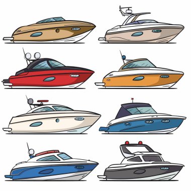 Collection luxury boats illustrated various colors designs. Motorboats cabin cruisers watercraft vehicle transportation. Nautical vessels, leisure sailing, marine craft boating isolated white clipart