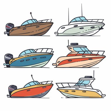 Altı stilize tekne çeşitli renkler tasarladı. Sürat tekneleri, önemli deniz taşımacılığı teknelerinin yan görüntülerini gösteriyordu. Parlak renkler ahşap modern gemiler, deniz temalı sanat eserleri.