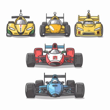 Üç yarış arabası, renkli detaylı tasarım, ön manzaralı. Motorsport teması, hız yarışması. Profesyonel yarış arabası çizimleri, izole edilmiş beyaz arka plan