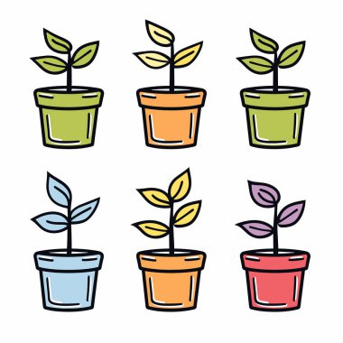 Altı saksı bitkisi renkli tencereler basit, izole beyaz bir arkaplan bırakır. Ev bitkileri düz tasarım, canlı koleksiyon bahçe hobisi. Botanik ev dekorasyonu renkli