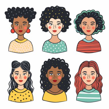 Altı farklı kadın karakter, animasyon, çeşitli saç stilleri, etnik, gülümseyen, renkli kıyafetler. Çok kültürlü kadınlar, saç stilleri, küpeler, neşeli farklı arka plan modası