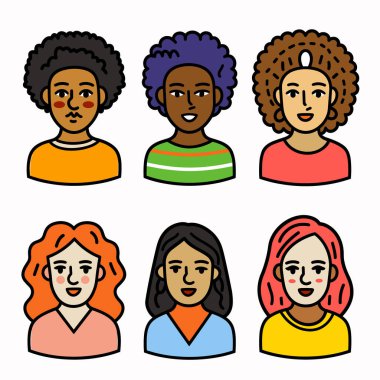 Altı farklı kadın çizgi film karakteri, çok kültürlü temsil, kadın saç stili, ifade biçimi, kıyafet rengi benzersiz. Dostane, gülen yüzler uygun içerik, avatarlar, kullanıcı