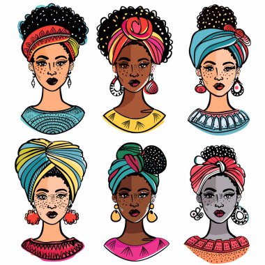 Altı farklı Afrikalı kadın portresi, moda, geleneksel başlıklar, güzel küpeler, renkli eşsiz tasarım. İllüstrasyon etnik güzellik, farklı saç stilleri, güçlü kültürel temsil, sanat
