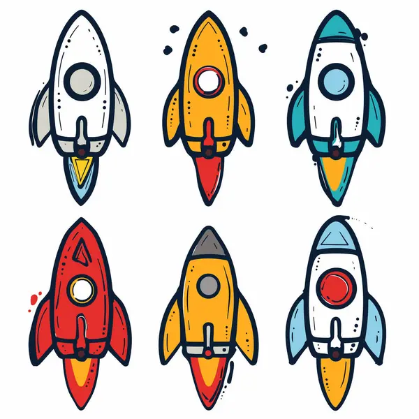stock vector Colorful cartoon rockets, space vehicles, handdrawn spacecraft exploring cosmos. Six stylized retro rocket ships, primary colors, doodled outer space vehicles, isolated white background. Creative