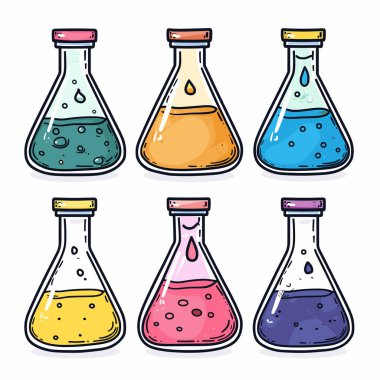 Renkli çizgi film mataraları. Parlak renkli mataralar karikatür çizimi, ekipman konsepti çeşitli şişeler