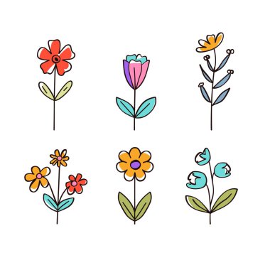 Altı farklı stilize çiçek vektör illüstrasyonu izole edilmiş beyaz arka plan. Basit çiçek koleksiyonu grafik tasarımı, renkli çiçekler. Yaratıcı minimalist botanik elementler dekorasyonu