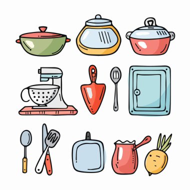 El yapımı mutfak eşyaları, renkli mutfak aletleri çizimleri. Karalama pişirme tencereleri, mutfak mikseri, spatula, çırpma tavası, sürahi, soğan. Çizgi film tarzı mutfak malzemeleri, canlı renkler.