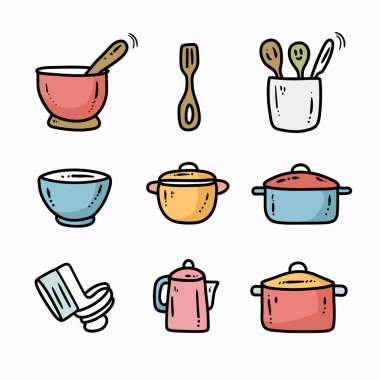 Renkli tencereler, tavalar, yemek pişirme aletleri de dahil olmak üzere el yapımı mutfak aletleri. Tabaklar, spatula, çaydanlık ve mükemmel yemek tarifleri içeren karikatür grafikleri. Parlak mutfak malzemeleri aşçısı