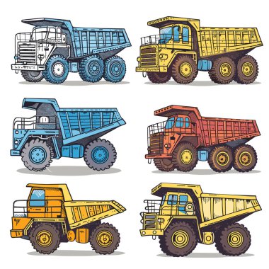 Set six illustrated dump trucks various colors designs, dump truck features large wheels, detailed cabin, bulky rear container hauling materials. Illustrations depict heavy duty construction clipart