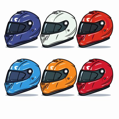 Six motorcycle helmets, colorful, blue, white, red, orange, racing, safety equipment. Protective headgear bikers, glossy, modern design vector illustration Isolated white background various clipart