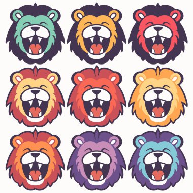 Çeşitli ifadeler gösteren renkli aslan yüzleri koleksiyonu. Çizgi film aslanları, neşeli, kızgın, mutlu, canlı yele renkleri. Düz tasarım tarzı, sevimli hayvan kafaları, yüz duyguları.
