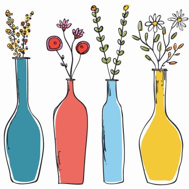 Dört renkli vazo çiçek, el çizimi tarzı, basit çiçek aranjmanı. Parlak mavi, açık mavi, sarı vazolar, çizilmiş çiçekler, izole edilmiş beyaz arka plan. Dekoratif vazo koleksiyonu
