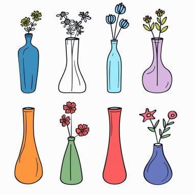 El yapımı renkli vazolar, çiçekler, sanatsal çizimler. Basit çiçek tasarımı, canlı karikatür tarzı, izole edilmiş beyaz arkaplan. Dekoratif ev dekorasyonu çizimleri, neşeli çiçek vazosu seti.
