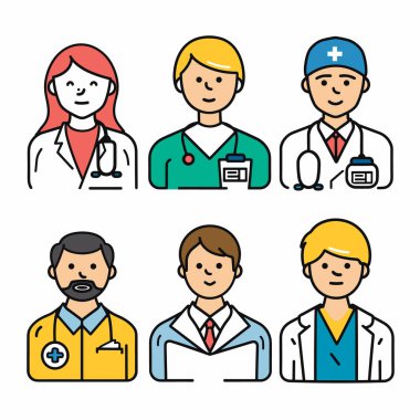 Profesyonel sağlık çalışanları çeşitli tıbbi personel ikonları sergiledi. Çizgi film doktorları, hemşireler, farklı üniformalar, etnik kökenler. Düz dizayn tıp meslekleri, gülen yüzler.