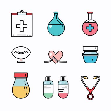 Sağlık hizmetleri öğeleri içeren tıbbi ikonlar oluşturun. Koleksiyonda pano, matara, göz, kalp, merhem, hap ve stetoskop var. Düz tasarım, canlı renkler izole edilmiş beyaz arkaplan