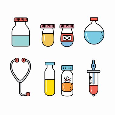 İlaç aletleri içeren renkli tıbbi ikonlar. Sette şişeler, haplar, şurup, steteskop, şırınga var. Düz tasarım, sağlık hizmetleri için kullanılan parlak renkler.