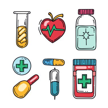Renkli tıbbi ikonlar, kalp atış hızı monitörü, haplar, reçete şişesi. Test tüpü, ilaç, şırınga gibi sağlık sembolleri. Canlı eczane simgeleri, basit çizgi sanatı