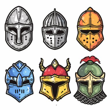 Altı ortaçağ şövalye miğferi elle çizilmiş renkli çizimler. Miğferler tasarım, detay, armalar, kanatlar, zincir postalar, farklı tarihsel dönemleri temsil eden çeşitli özelliklere sahiptir. Parlak öncelik