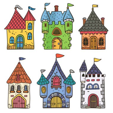 Renkli karikatür kaleleri, bayraklar, kuleler, çeşitli mimari özellikler beyaz arka plan. El yapımı fantezi kaleler pencereler, kapılar, kiremitli çatılar. Neşeli bir ortaçağ peri masalı kalesi kur