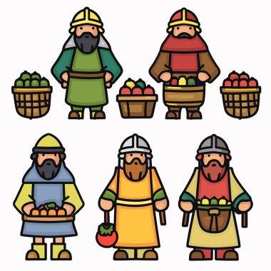 Six medieval merchants displayed, holding fruit baskets. Characters wear historical costume, hats green, red, blue, yellow tunics. Various fruit baskets suggest market scene, trade, agriculture clipart