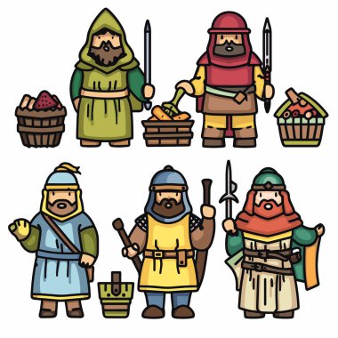 Six medieval characters, holding different items, colorful attire, cartoon medieval people illustration. Characters various costumes, fruit baskets, weapons, colorful vector scene, farmer, soldier clipart