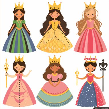 Altı karikatür prensesi, çeşitli etnik kökenler, gülümseyen, renkli kraliyet elbiseleri giyen taçlar, çocuk masalı teması. Prenses karakterler ayakta, farklı saç stilleri, neşeli, fantezi kostümler