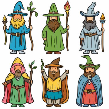 Six cartoon wizards, various outfits staffs, fantasy characters. Diverse bearded magicians, colorful robes, hats, magical staves. Playful wizard illustrations, fantasythemed, isolated white clipart