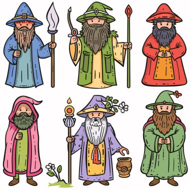 Collection colorful wizards beards, cloaks, magical staffs. Various robes colors, wizard hats, mystical items. Cartoon fantasy characters isolated white background clipart