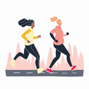 Dışarıda koşan iki farklı kadın, sağlıklı yaşam tarzı konsepti. Afrika kökenli beyaz kadın koşucular yan yolda egzersiz yapıyorlar, modern düz stil illüstrasyon. Spor kıyafetleri.