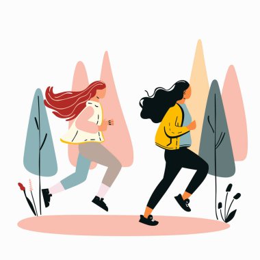 Dışarıda koşan iki kadın, aktif yaşam tarzı, soyut ağaçlar. Spor yapan kadın koşucular, sağlık konsepti, renkli modern düz tasarım. Spor kıyafetleri, takım çalışması, doğa yürüyüşü, dinamik hareket