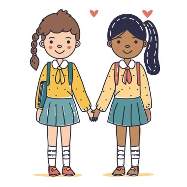 İki genç kız el ele tutuşuyor, ikisi de okul üniforması giyiyor. Öğrenciler arasındaki çok kültürlü arkadaşlık, mutlu ifadeler. Öğrenci kızlar sarı kazaklar, yeşil etekler, diz çorapları, okul çantaları.