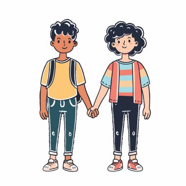 İki çizgi film çocuğu el ele tutuşup, dostluk mutluluğu gösteriyorlar. Erkekler sıcacık gülümserler, günlük kotlar, gömlekler, spor ayakkabılar giyerler. Genç arkadaşlar sade ayakta durarak anı paylaşıyorlar.