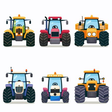 Altı renkli çizgi film traktörü öne bakıyor, her birinde eşsiz tasarım elementleri var. Tarım için büyük lastik ve kulübelerin yer aldığı tarım makineleri koleksiyonu. Canlı düz tasarım tarım araçları