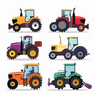 Flat colorful vector illustrations six different tractors, unique designs color schemes. Farm machinery represented simplified cartoon style, suitable agriculturalrelated graphics. Isolated white clipart