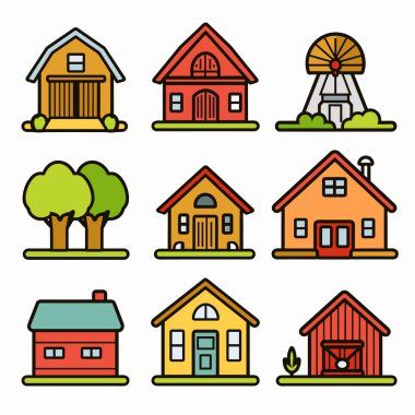 Renkli karikatür evleri, yel değirmeni, hepsi beyaz arka planda. Farklı stil evler ağaçlar çeşitli mimari yapı unsurları gösterir, binanın eşsiz özellikleri, çatıları vardır.