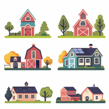 Collection vector illustrations depicting various types houses, set against simple landscape trees. Designs feature different architectural styles, including farmhouse, barn, houses solar panels clipart