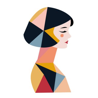 Geometrik kadın profili, modern soyut portre, kadın bakış açısı. Çok renkli şekiller, sanatsal kadın yüzü, kapalı gözler, zarif. Çağdaş sanat tarzı, izole edilmiş beyaz arkaplan